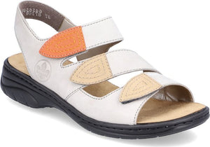 White sandal with two adjustable hook and loop straps, one strap is partly orange, the other partly tan, with a black sole.