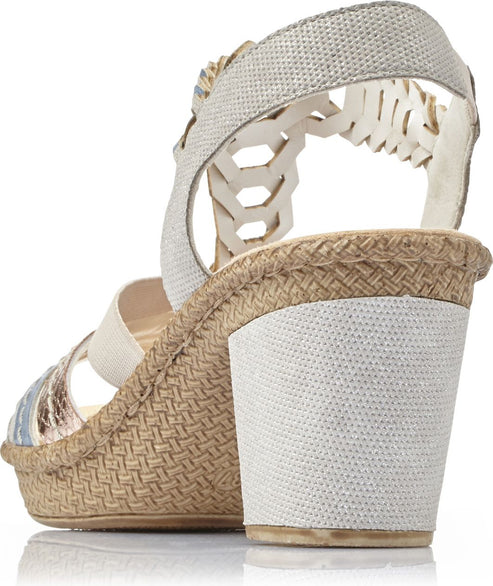 Beige wedge heel sandal with woven jute platform.