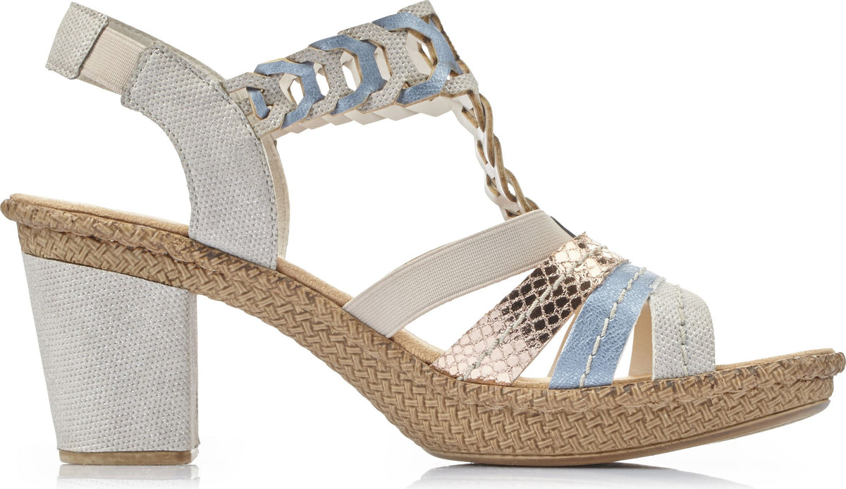 A high heel sandal with woven platform soles and a gray, gold, and blue woven design.