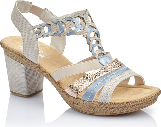 Women's T-strap heeled sandal featuring beige, gold, and blue straps, metallic heels, elastic heel strap.
