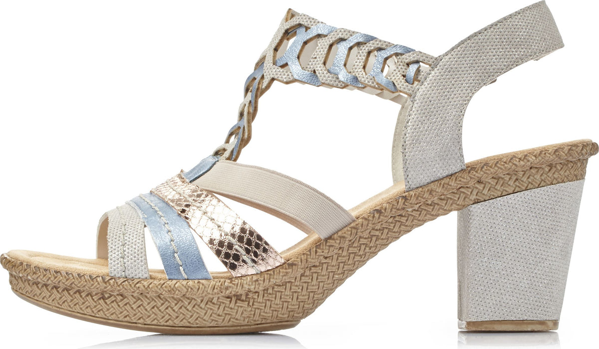 Light beige high heeled sandal with woven jute platform and metallic detailing.