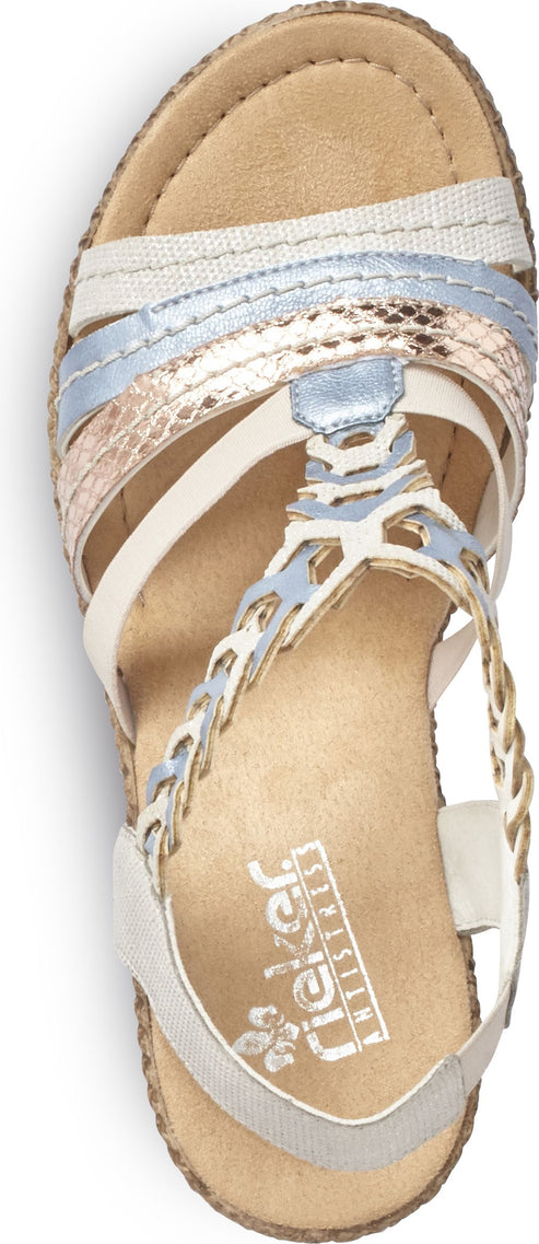 Sandals with multiple straps in beige, blue, and gold with a braided detail.