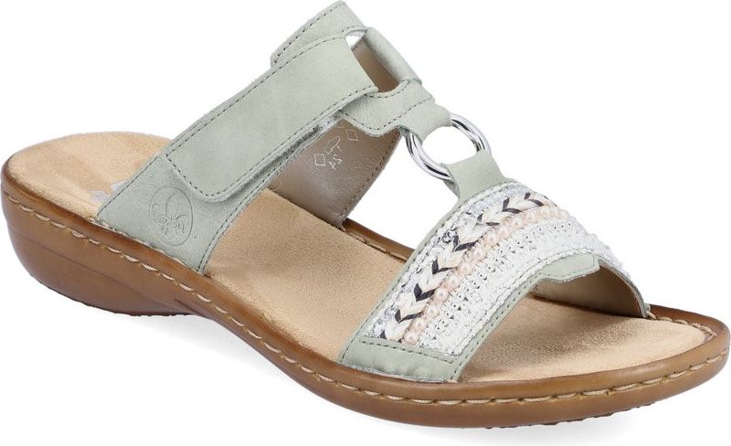 A light green sandal with velcro strap and decorative silver ring, and white woven toe strap, and tan sole.
