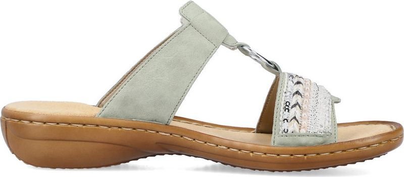 A light green sandal with a T-strap.