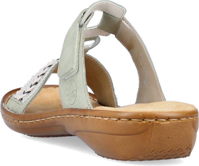 Light green sandal with brown sole and adjustable straps.