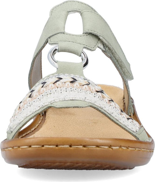 Front view of a light green sandal with a decorative embroidered strap, open toe, and brown sole.