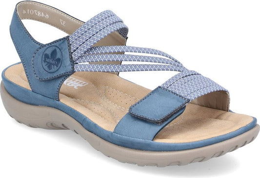Blue sandal with multiple elastic straps and Velcro closure.