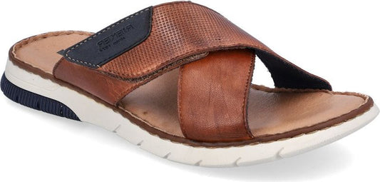 Brown leather sandal with cross straps and a white sole.