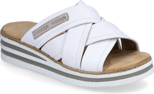 White mule sandal with crossover straps and a striped platform.