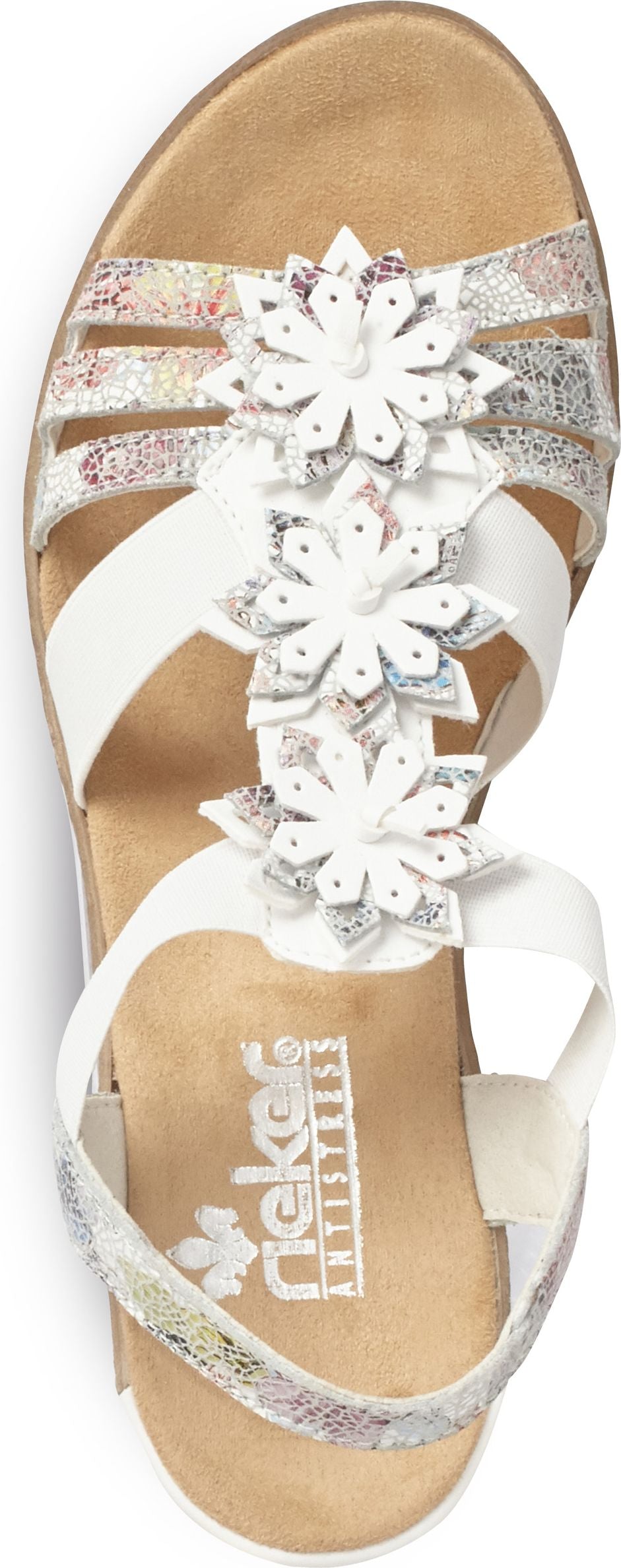 A white sandal with floral embellishments.