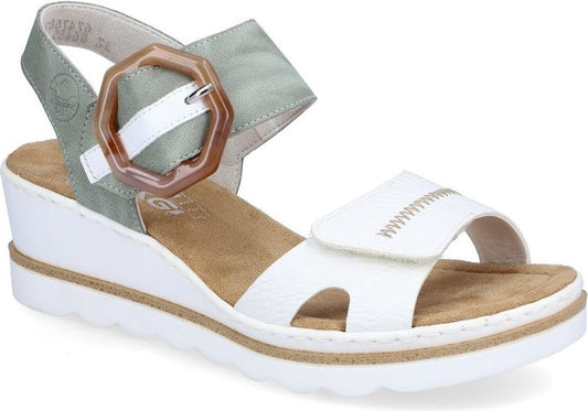 Wedge sandal with a white platform sole, light green heel strap with an adjustable buckle, and a wide white front strap.