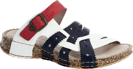 A sandal with white and dark-blue straps, a red buckle, and a cork sole.