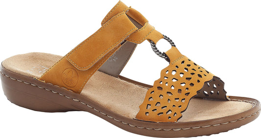 Tan sandal with adjustable velcro strap and decorative perforated trim.