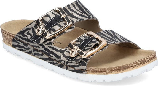 Zebra-striped, two-strap sandal with gold buckles and a white sole.