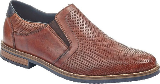 Brown leather slip-on dress shoe with perforated design and blue sole.