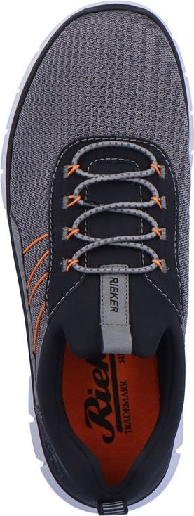 A top-down view of a gray and orange sneaker with gray laces.