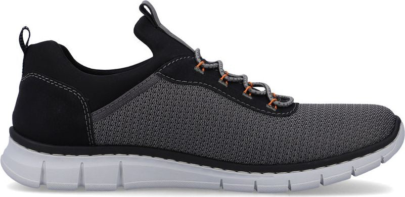 Gray knit athletic shoe with black trim and white sole.
