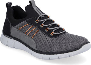 Athletic shoe in gray and black with elastic laces and orange stripes.