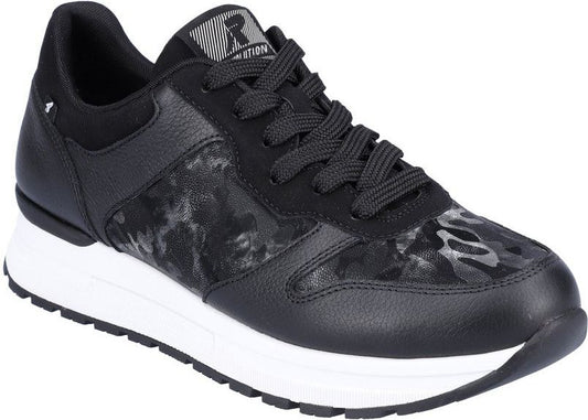 Black sneaker with camouflage pattern and white sole.