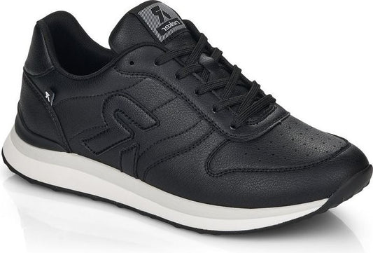 Black sneaker with a white sole and visible laces.