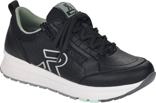 Black sneaker with laces and zipper on white and gray sole