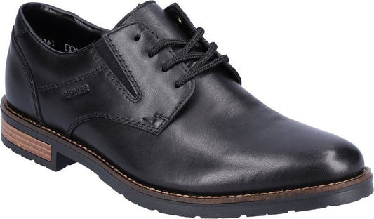 Black leather dress shoe with lace-up closure and low heel.