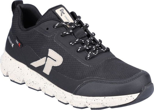 A black athletic shoe with a white 'R' symbol, speckled white sole, and white-and-black laces.