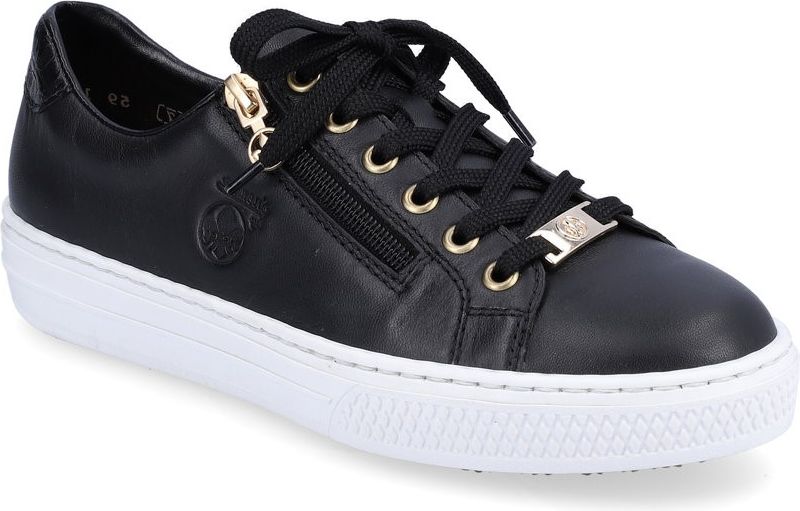 Black leather sneaker with gold accents, side zipper, and white sole.