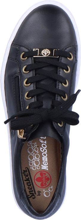 Black leather sneaker with white sole, black laces, and zipper detail.