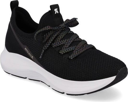 Black knit sneaker with white sole, and patterned laces. A logo is visible on the tongue.