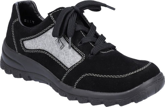 A black suede-like shoe with grey felt accents and black laces.