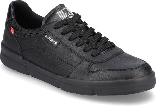 Black sneaker with laces, a round toe, and low profile rubber sole.