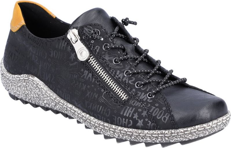 Black low-top sneaker with side zipper and patterned upper, tan heel.