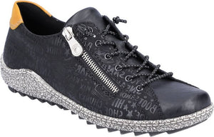 Black low-top sneaker with side zipper and patterned upper, tan heel.
