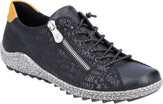 Black low-top sneaker with side zipper and patterned upper, tan heel.