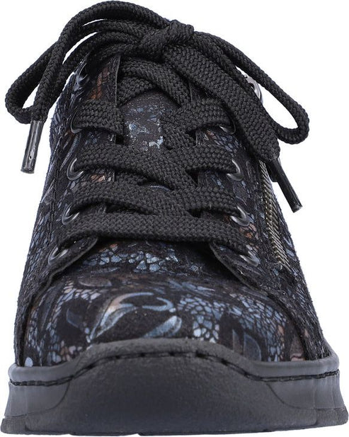 Low-rise sneaker, black floral pattern, black laces and sole.