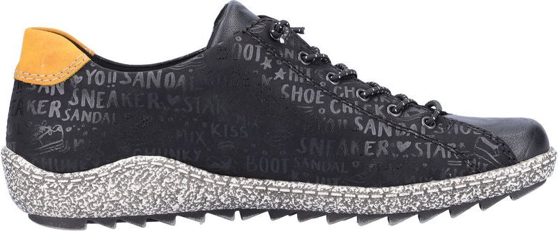 A low top shoe that is black with words and stars, has a beige sole and yellow heel.