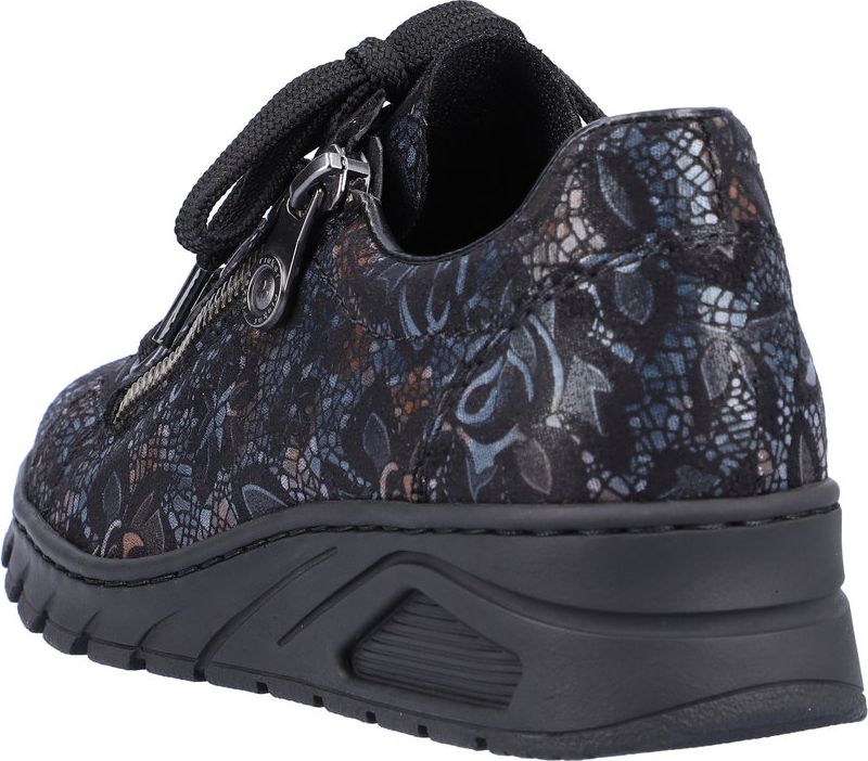 Black floral print sneaker with laces and side zipper.