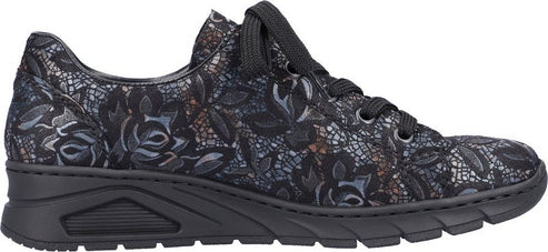 A black floral-patterned sneaker with black laces and a thick black sole.