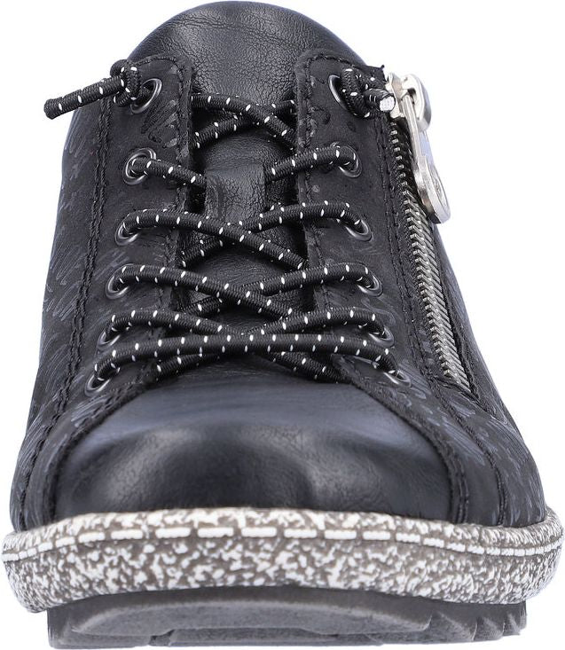 Low-top black shoe with patterned laces, side zipper, and patterned sole.