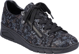 Floral low-rise sneaker with black laces and decorative side zipper.