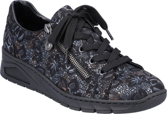 Floral low-rise sneaker with black laces and decorative side zipper.
