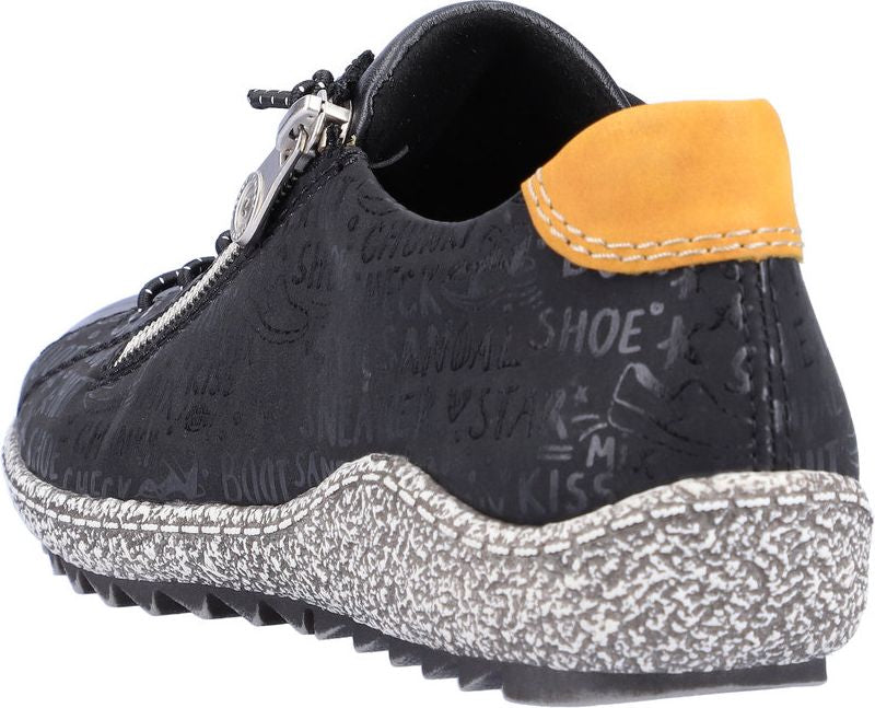 Dark printed sneaker with a zipper, and an orange heel.