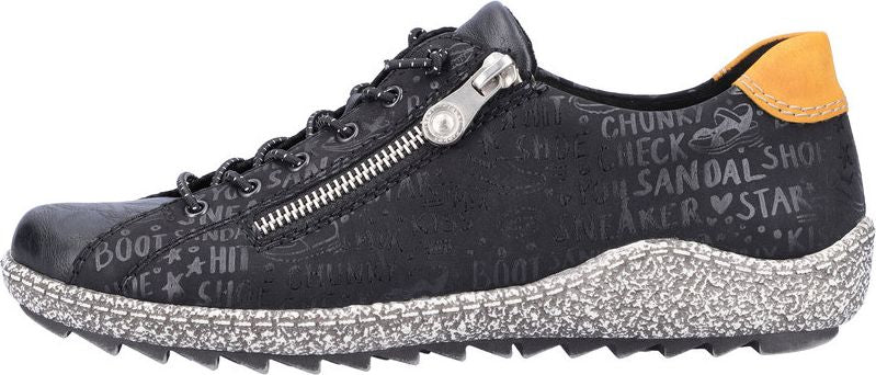 Black casual sneaker with zipper detail and gray speckled sole.