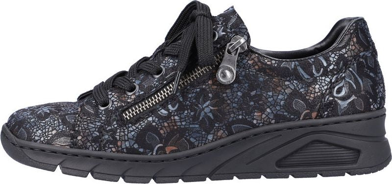 A black sneaker with black laces and a zipper.