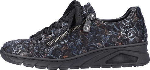 A black sneaker with black laces and a zipper.