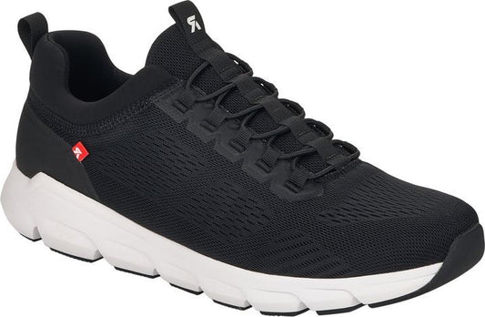 Black sneaker with white midsole, pull tab, and elastic laces.