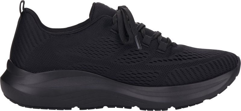 Black athletic shoe with laces and a thick sole.