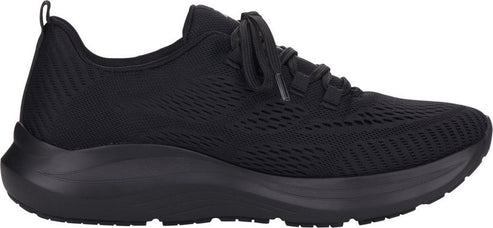Black athletic shoe with laces and a thick sole.