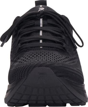 Frontal view of a black athletic shoe with laces.